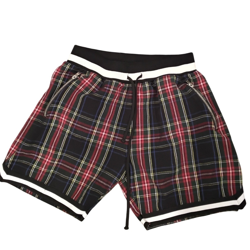 MNML Mens Plaid Basketball Shorts Red Black Tartan Zipper Pockets Size XL